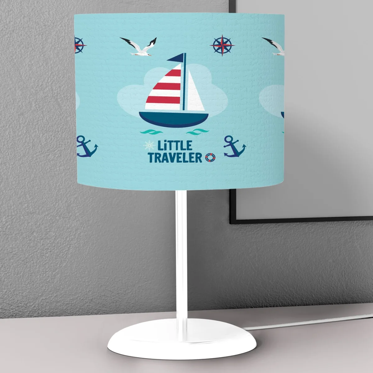 Denizcilik Abajur | Açık Mavi yelkenli, martı Desenli