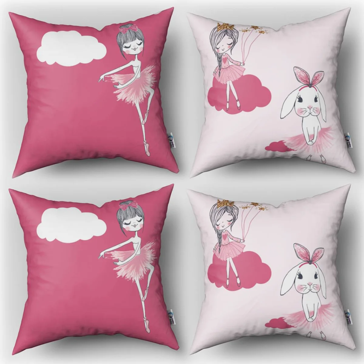 Balerin 4lü Kırlent | Pembe bulut, taç Desenli