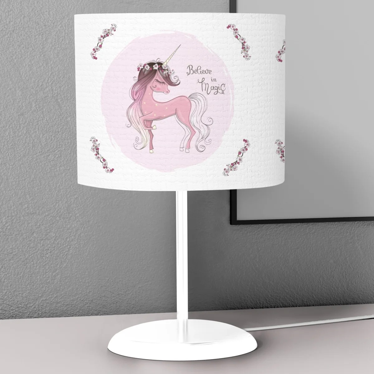Unicorn Abajur | Pembe Unicorn, çiçekler Desenli