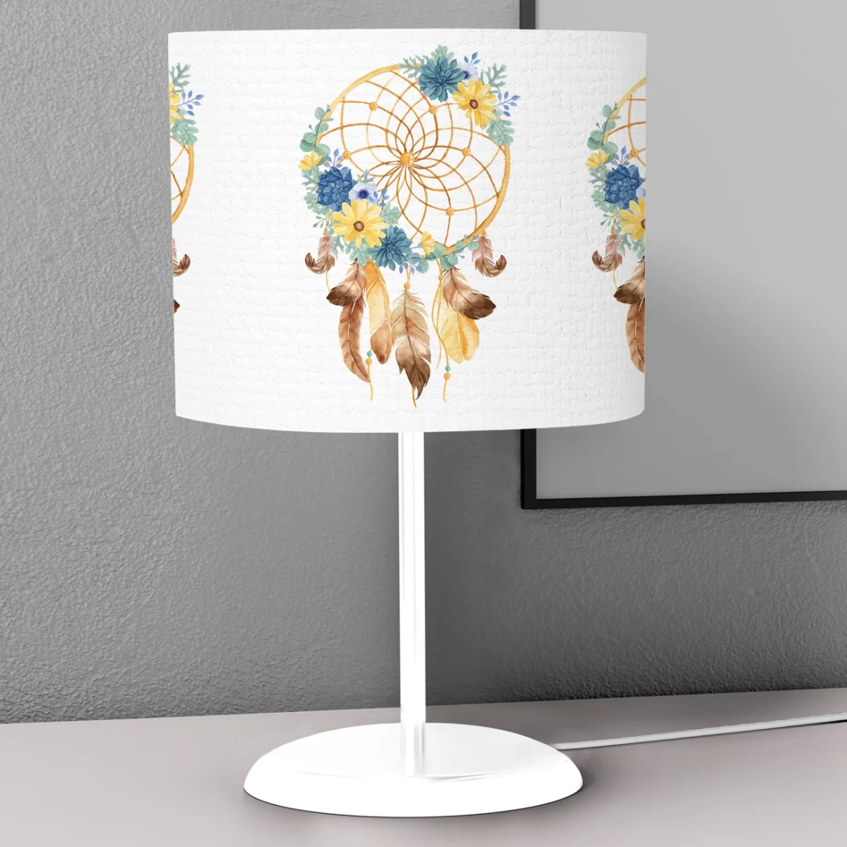 Düş kapanı, Çiçekler Abajur | Beyaz sarı, mavi ve turkuaz çiçekler Desenli