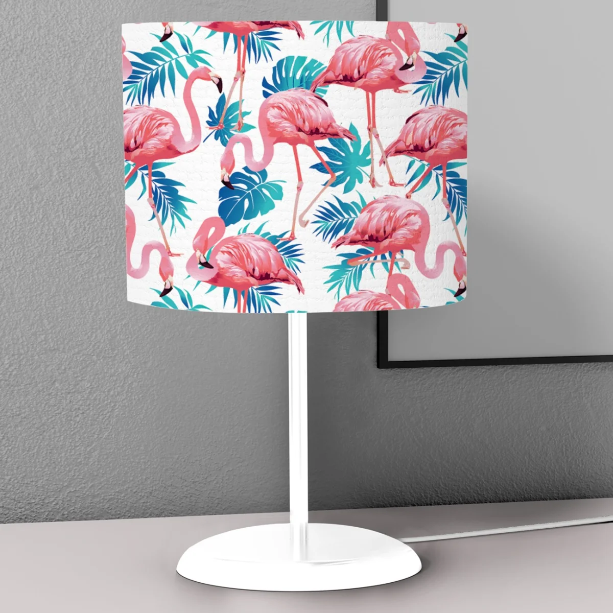 Flamingolar Abajur | Beyaz Tropikal yapraklar, pembe hibiskus çiçekleri Desenli