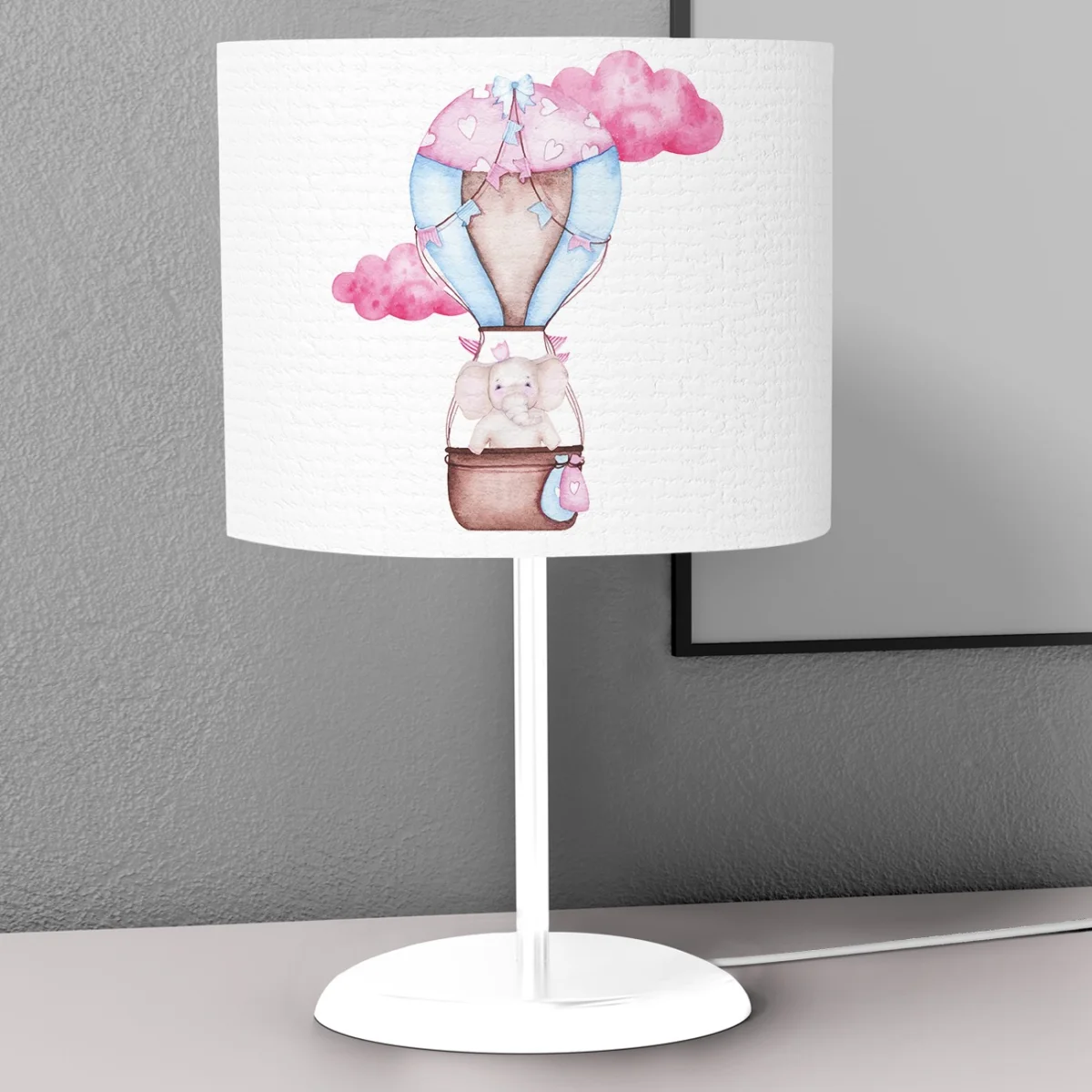 Fil, Sıcak hava balonu Abajur | Beyaz pembe bulut, kalp Desenli