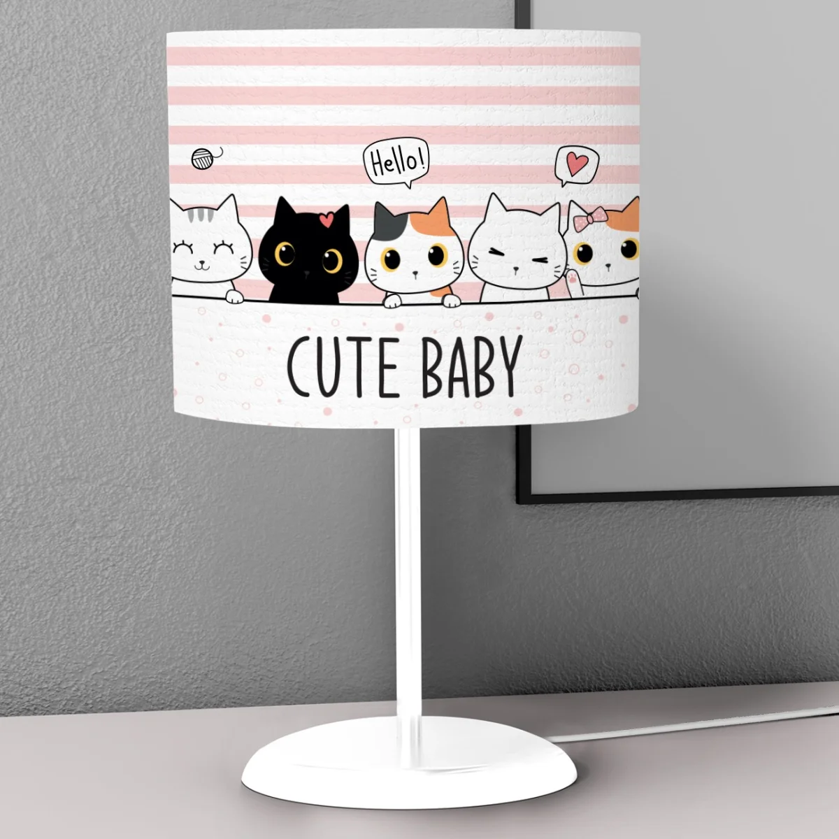 Kedi Abajur | Pembe Çizgili, puantiye Desenli