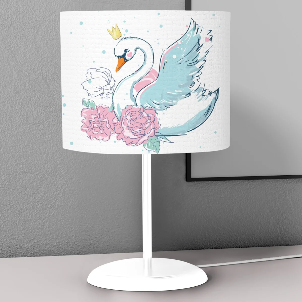 Kuğu Abajur | Beyaz taç, pembe çiçekler Desenli