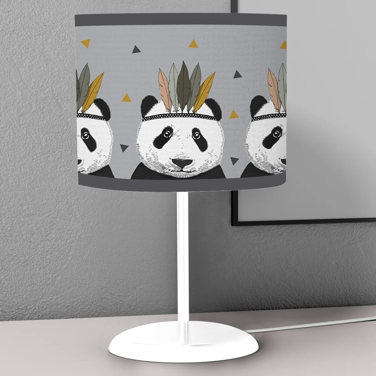 Panda Abajur | Gri tüylü taç, sarı ve gri üçgenler Desenli