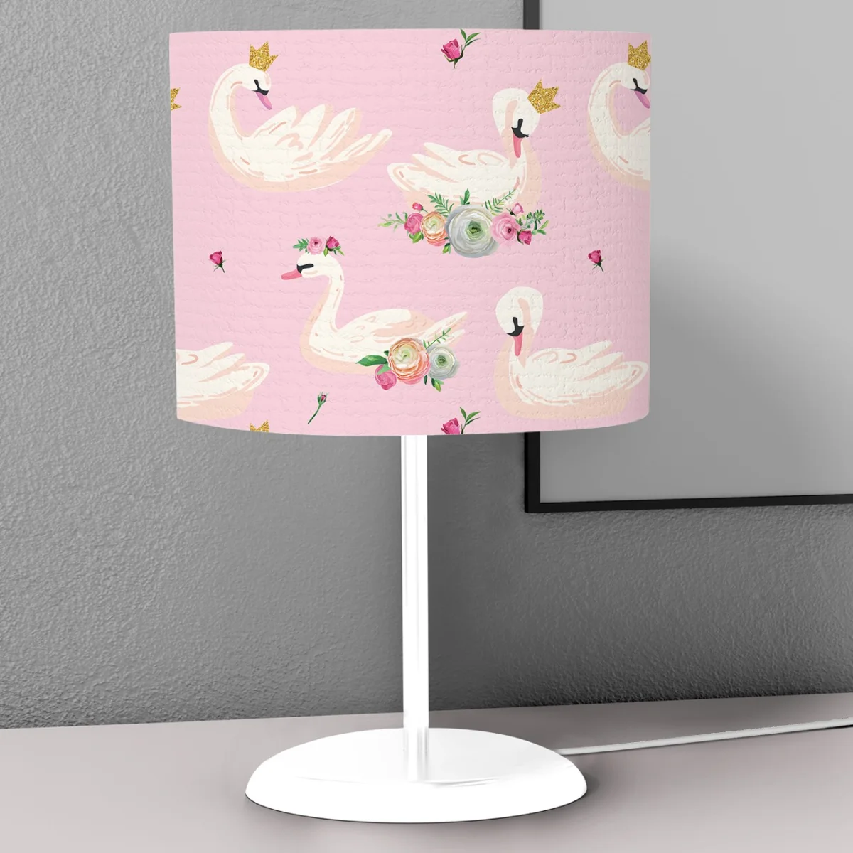 Prenses Kuğu Abajur | Pembe Altın noktalar ve çiçekler Desenli