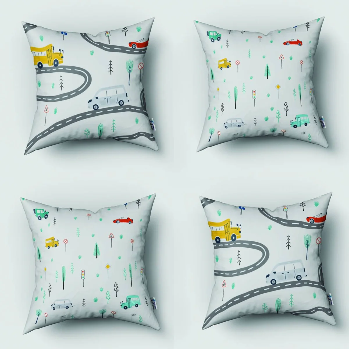 Araçlar 4lü Kırlent | Beyaz yollar, arabalar Desenli