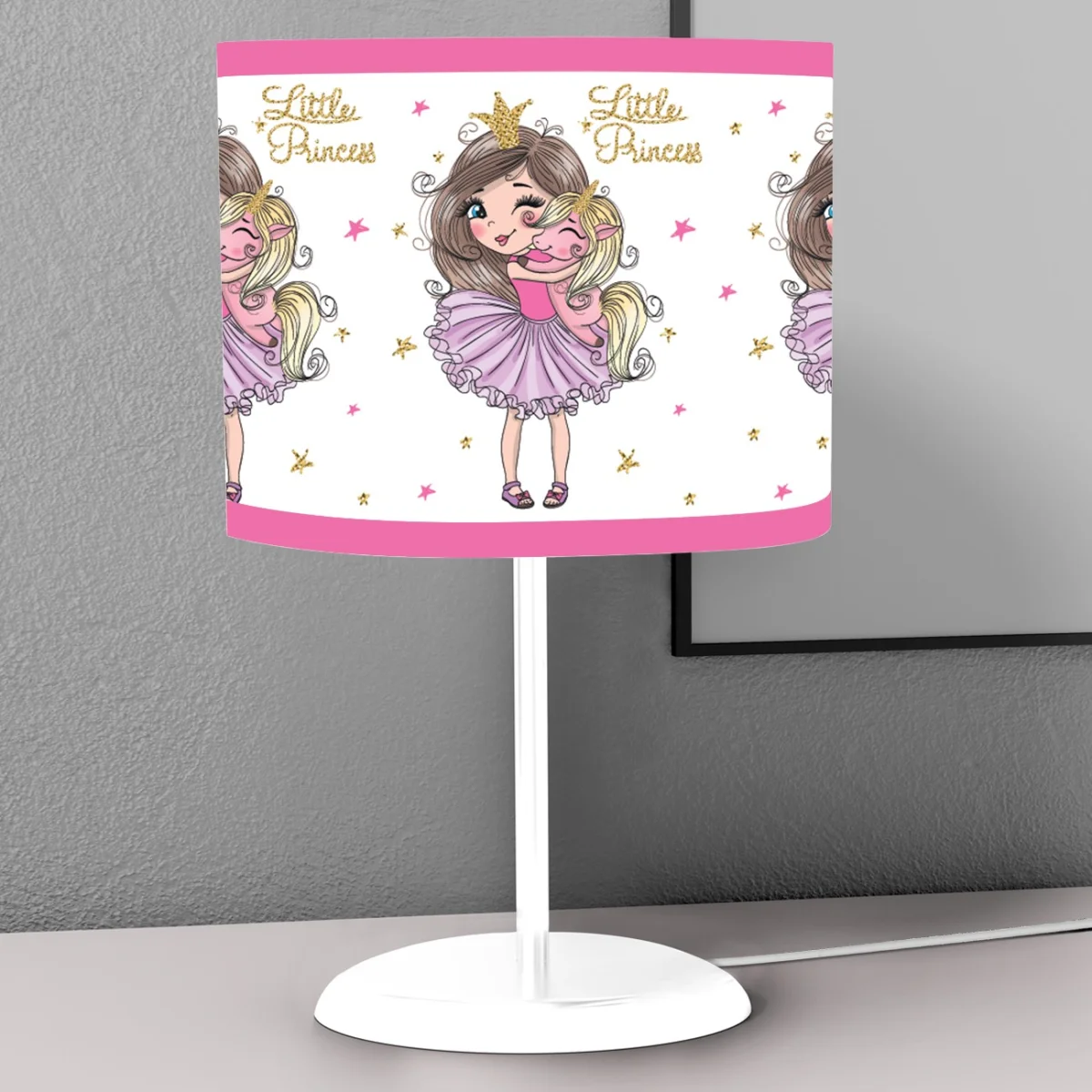 Prenses ve Unicorn Abajur | Beyaz yıldızlar, taçlar Desenli