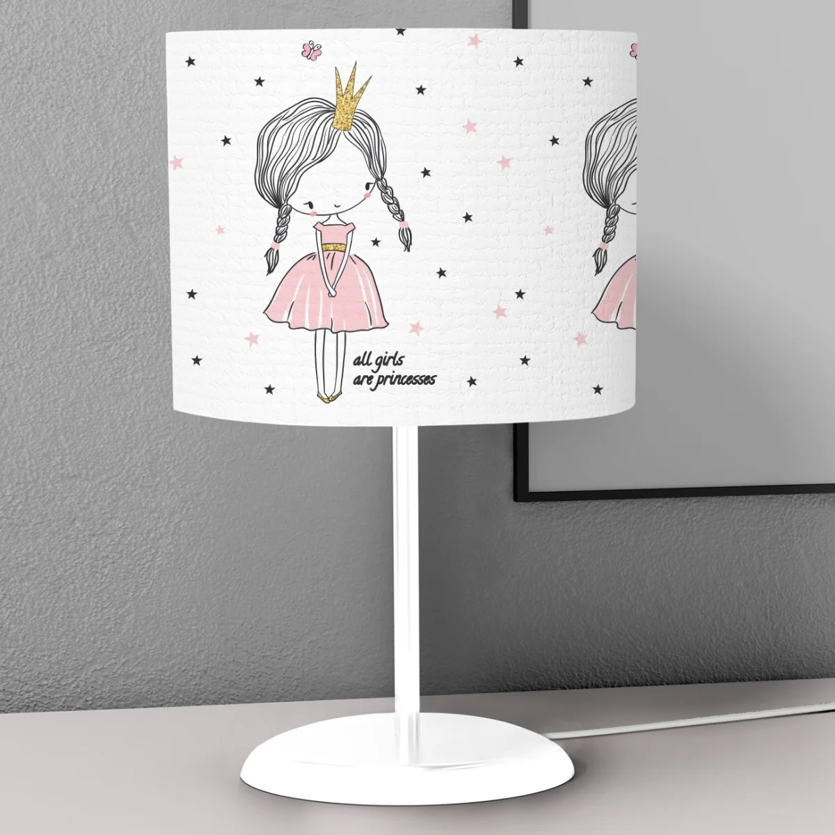 Prenses Kız Abajur | Beyaz yıldızlar, bulut Desenli