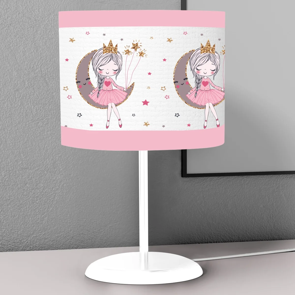 Rüya temalı kız Abajur | Beyaz Ay, yıldızlar Desenli