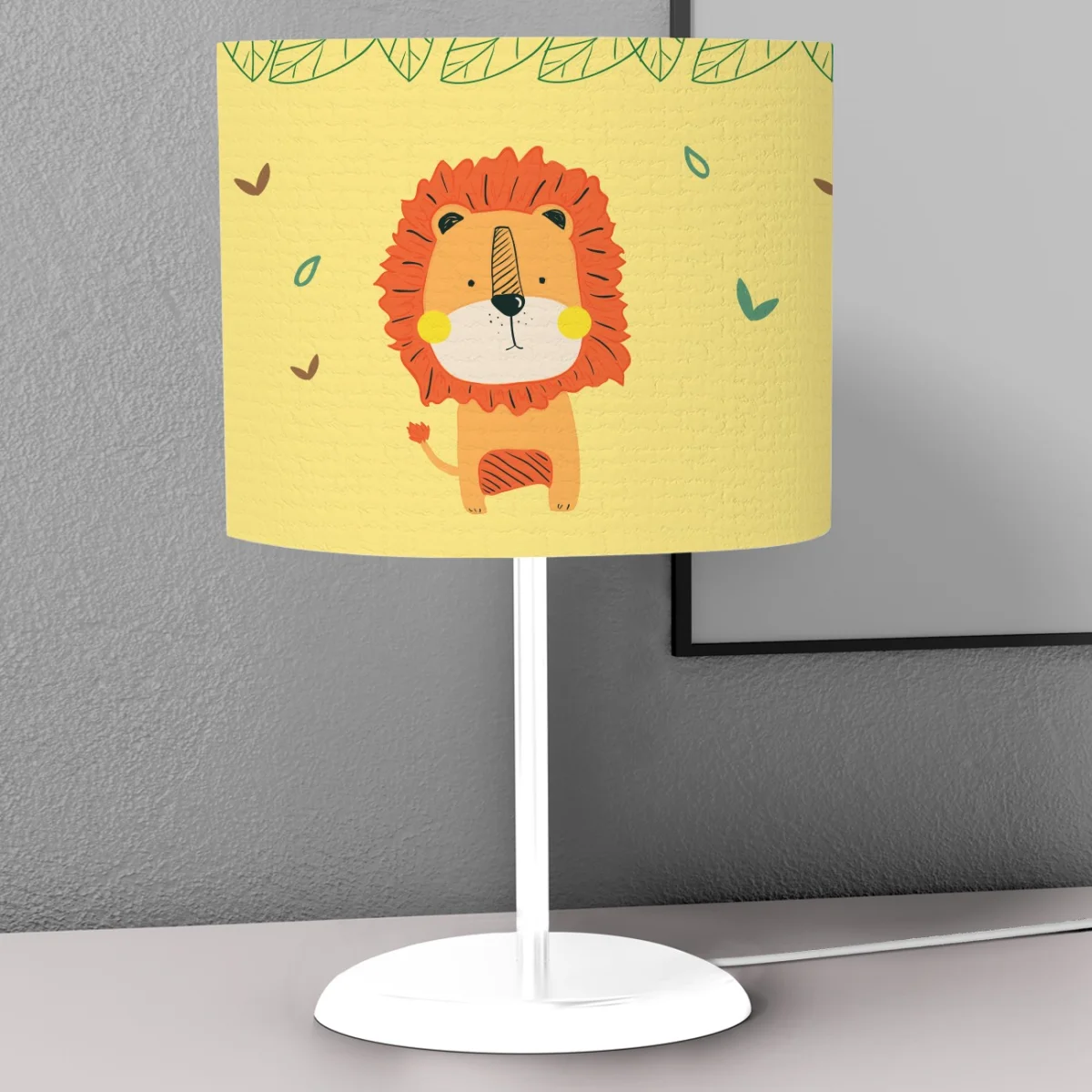 Aslan Abajur | Sarı yeşil yapraklar, küçük bitki figürleri Desenli