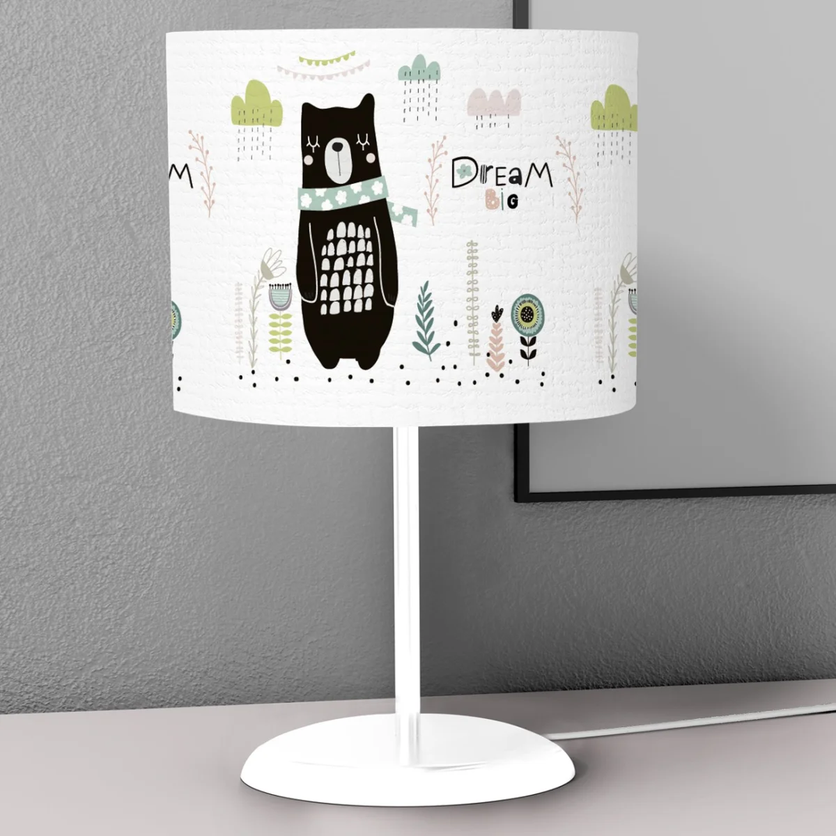 Ayı Abajur | Beyaz Bulutlar, yapraklar Desenli