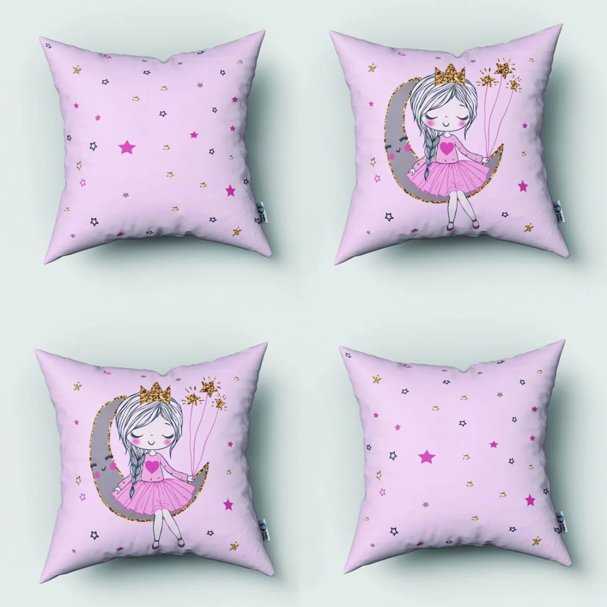 Peri kız ve ay 4lü Kırlent | Pembe yıldızlar, pırıltılar Desenli