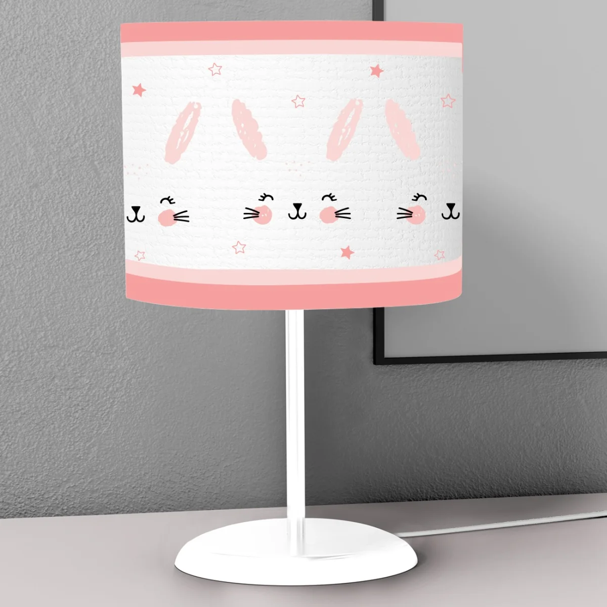 Tavşan Abajur | Beyaz pembe ve çerçeveli yıldızlar Desenli