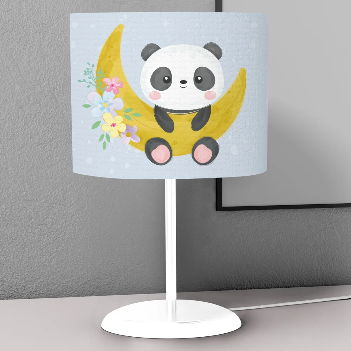 Panda, Ay Abajur | Mavi yıldız, çiçekler Desenli
