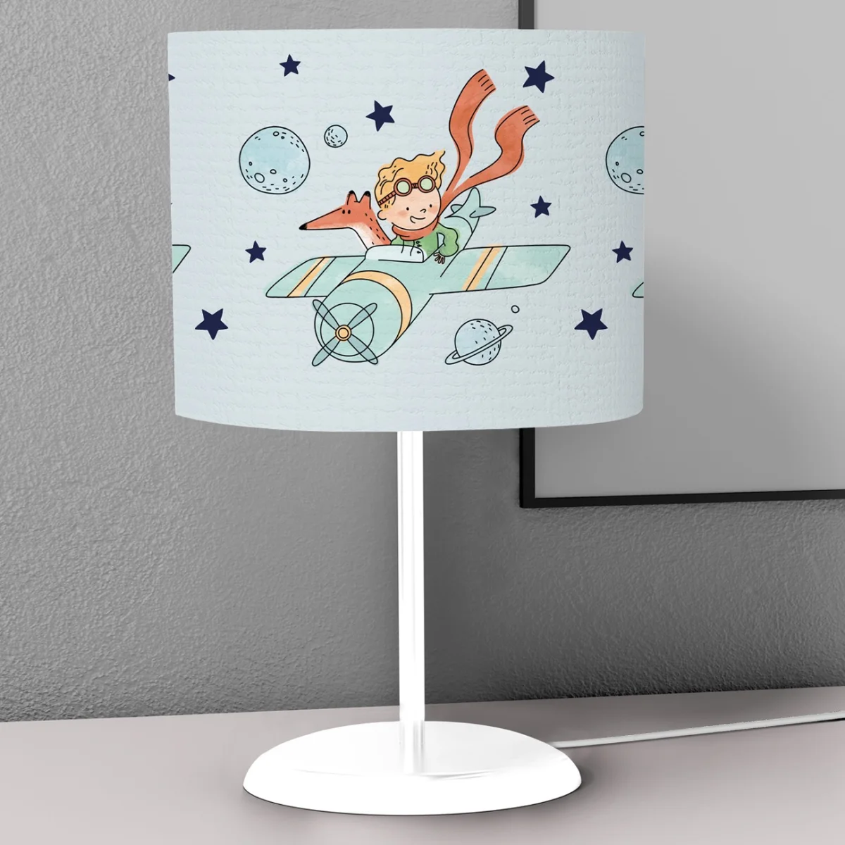 Uzay, Küçük Prens ve tilki Abajur | Mavi yıldızlar, gezegenler Desenli