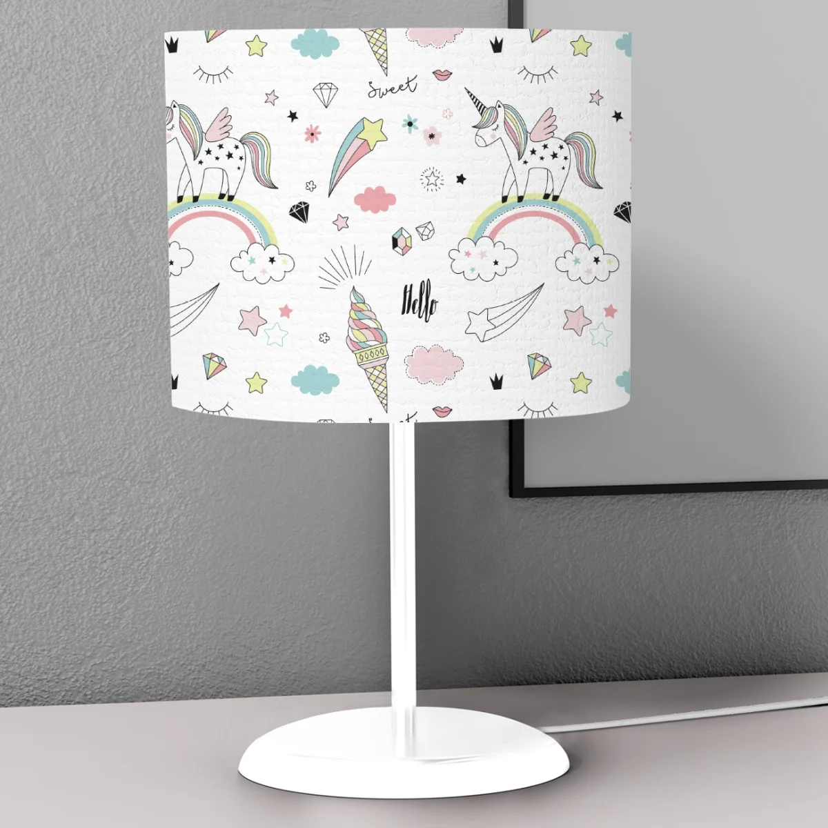 Unicorn Abajur | Beyaz yıldız, bulut Desenli