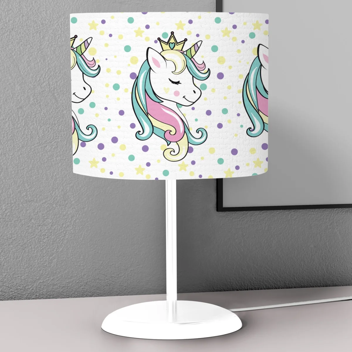 Unicorn Abajur | Beyaz yıldızlar, renkli puantiyeler Desenli