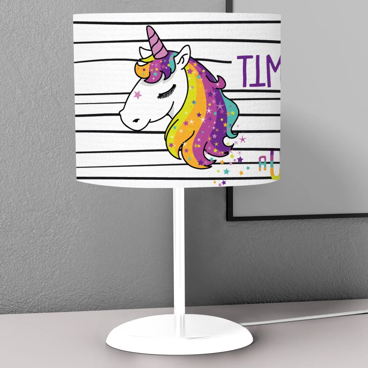 Unicorn Abajur | Beyaz Yatay çizgiler, yıldızlar Desenli