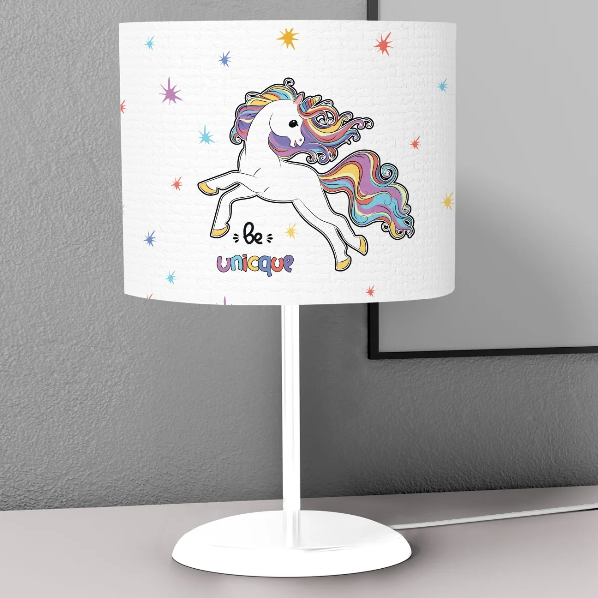Unicorn Abajur | Beyaz yıldızlar, gökkuşağı Desenli