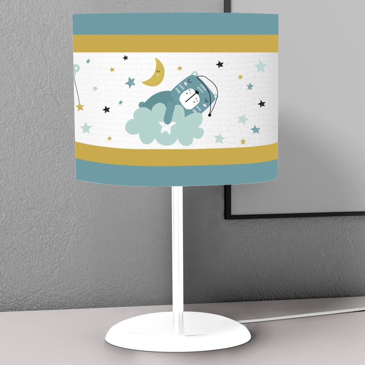 Uyuyan Ayıcık ve Gökyüzü Abajur | Beyaz bulut, yıldız Desenli