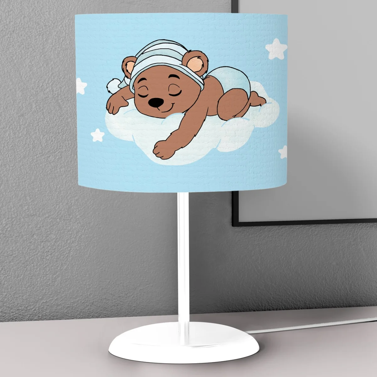 Ayıcık Abajur | Mavi yıldızlar, bulut Desenli