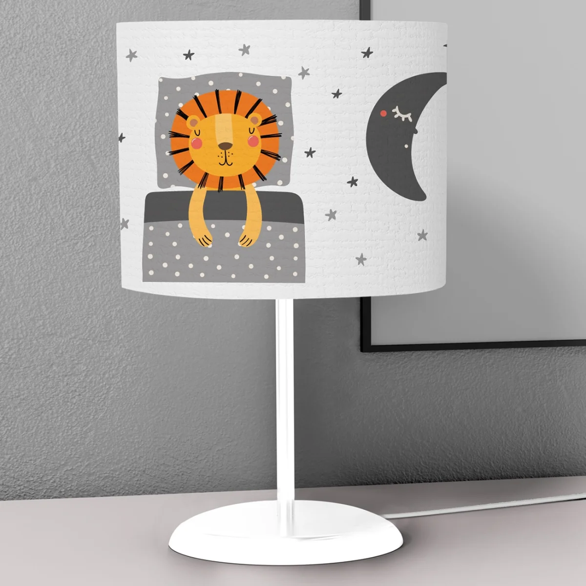 Aslan, Orman Hayvanları Abajur | Gri, Beyaz yıldız, ay Desenli