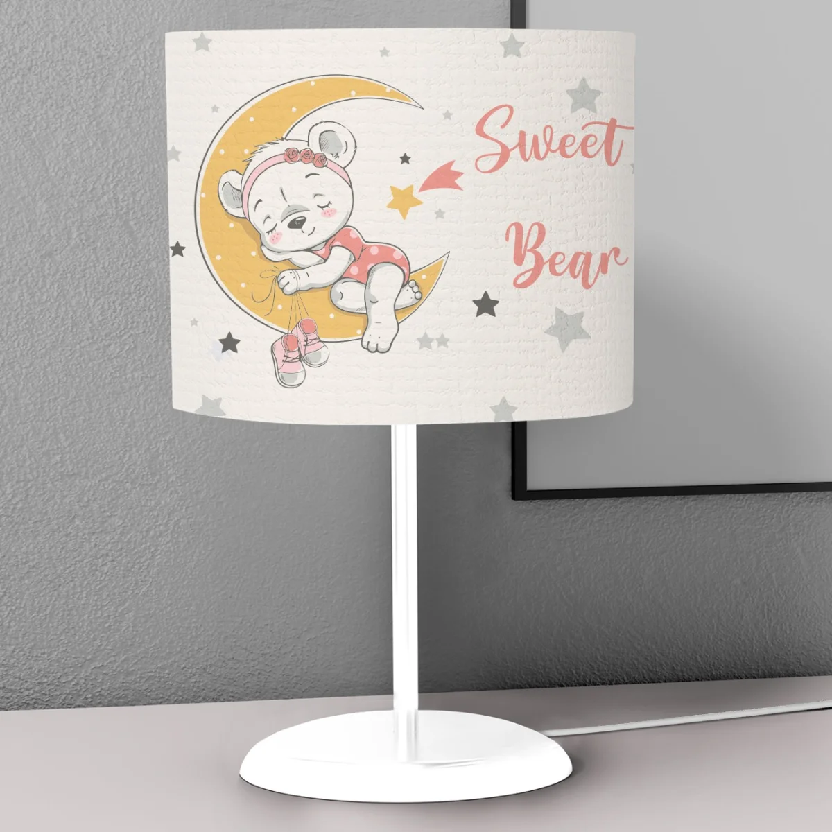 Uyuyan ayıcık, ay Abajur | Beyaz Yıldızlar, kayan yıldız Desenli