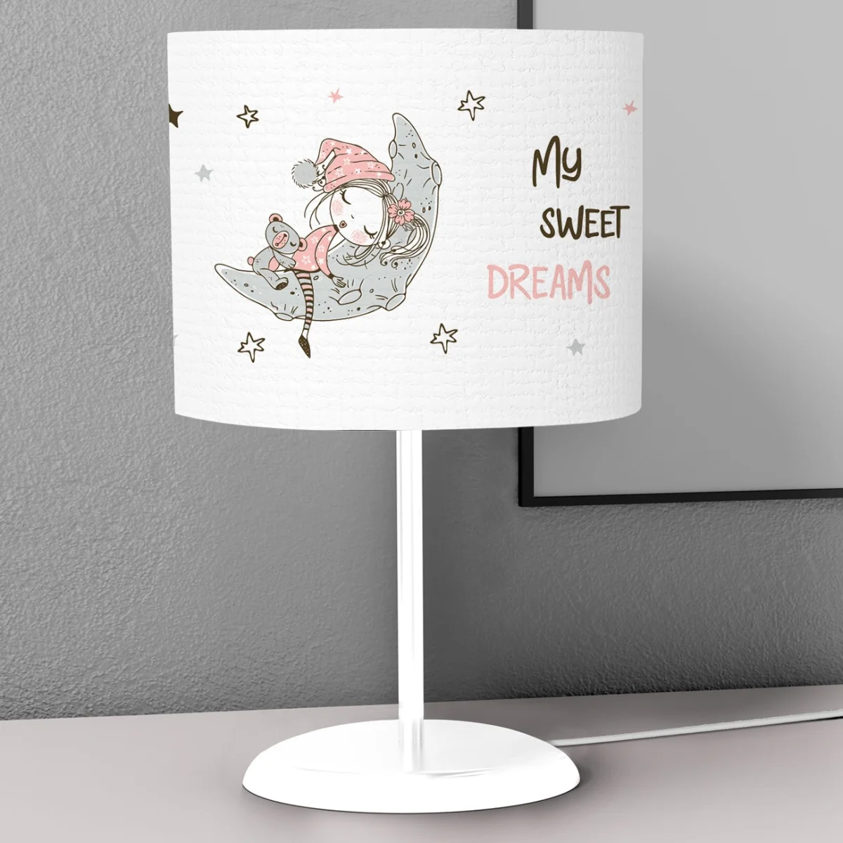 Uyuyan kız ve ay Abajur | Beyaz yıldızlar, ay Desenli