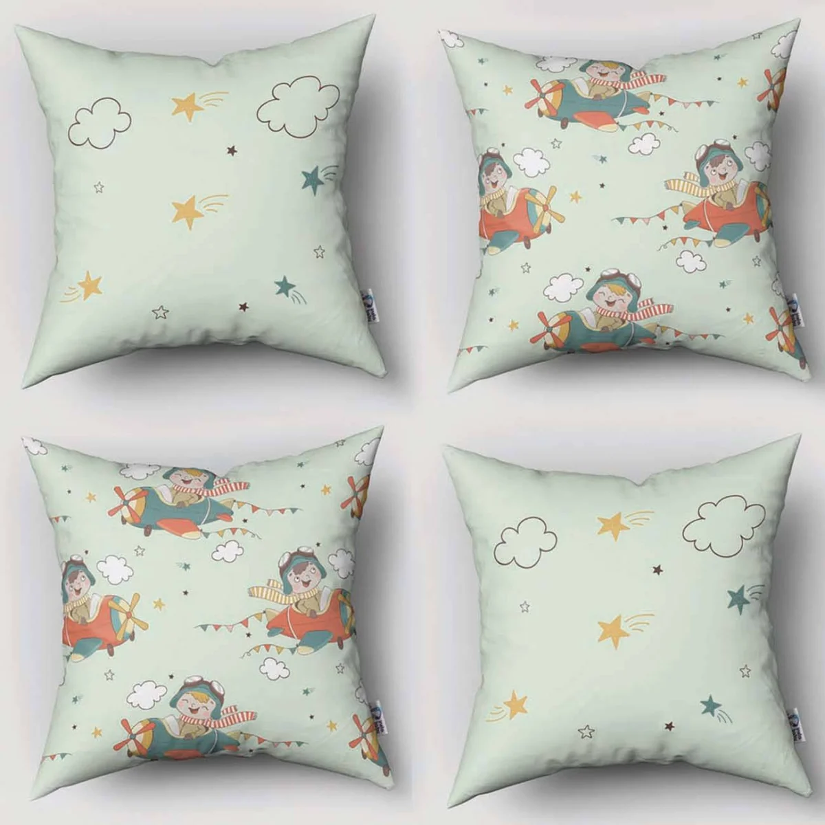 Küçük Pilot, Uçak 4lü Kırlent | Açık Yeşil yıldız, bulut Desenli