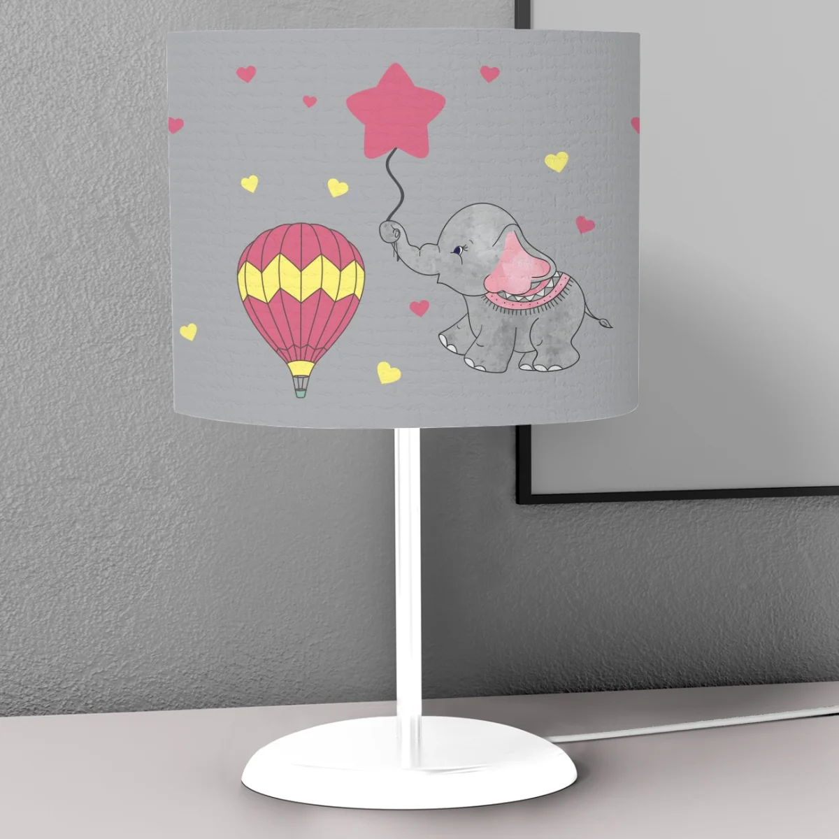 Fil ve Sıcak Hava Balonları Abajur | Gri Kalpler, bulutlar Desenli