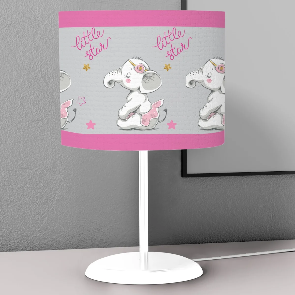 Fil ve Yıldız Abajur | Gri Pembe ve altın yıldızlar, little star yazısı Desenli