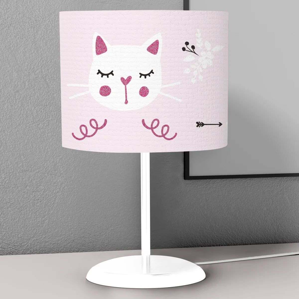 Kedi Abajur | Pembe simli detaylar, çiçekler Desenli