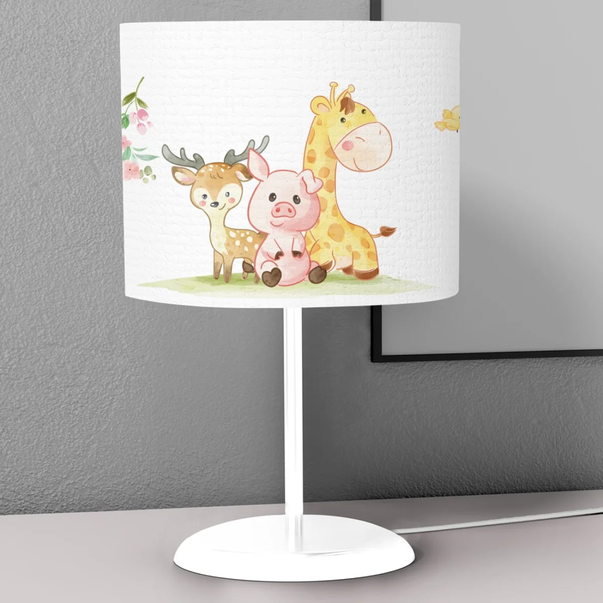 Orman Hayvanları Abajur | Beyaz çiçekler, yapraklar Desenli