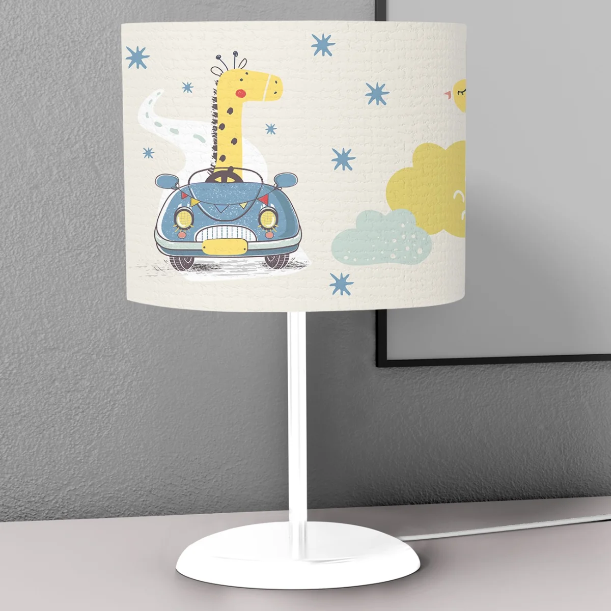 Zürafa ve araba Abajur | Krem yıldızlar, bulutlar Desenli