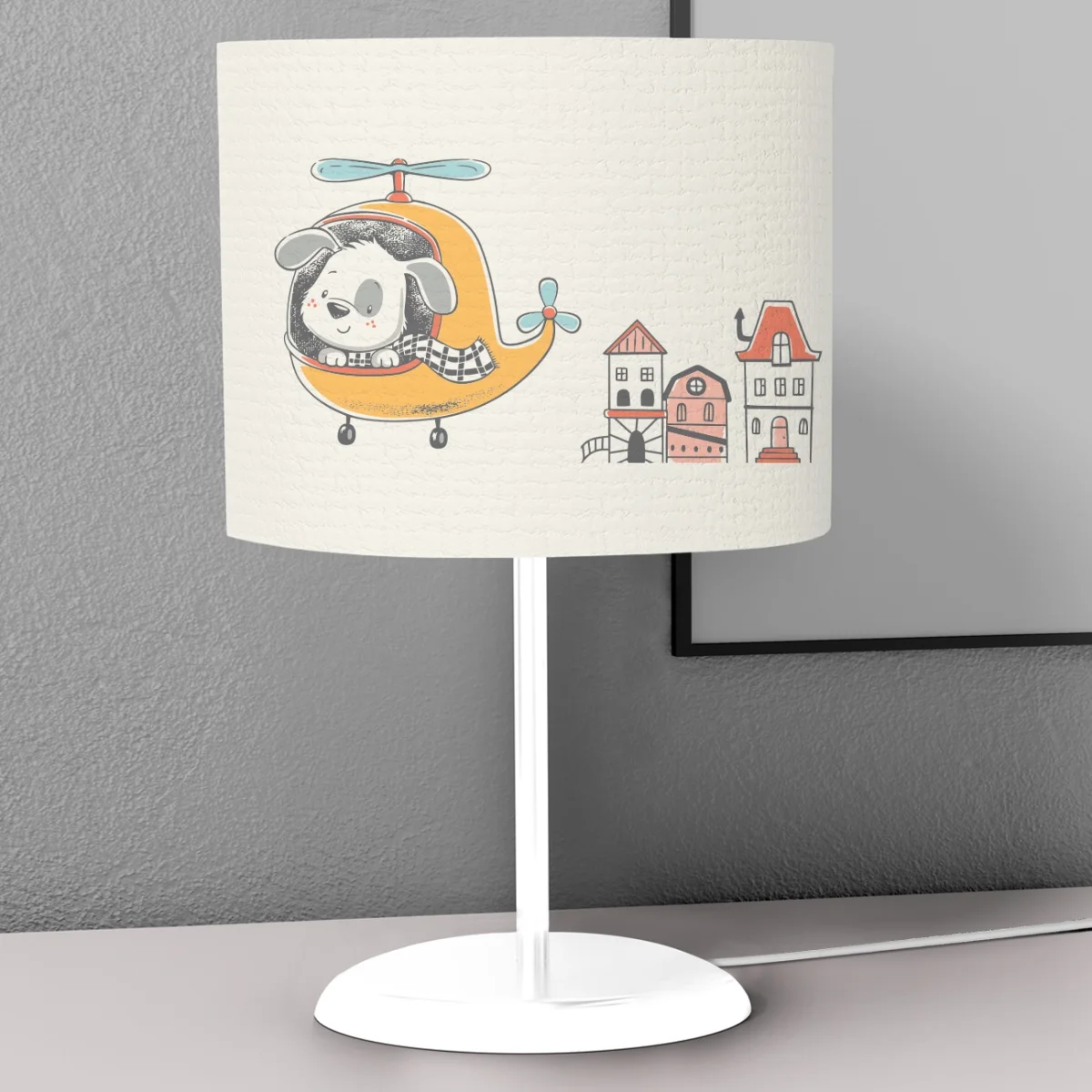 Uçan Köpek Abajur | Beyaz Evler, ağaçlar Desenli