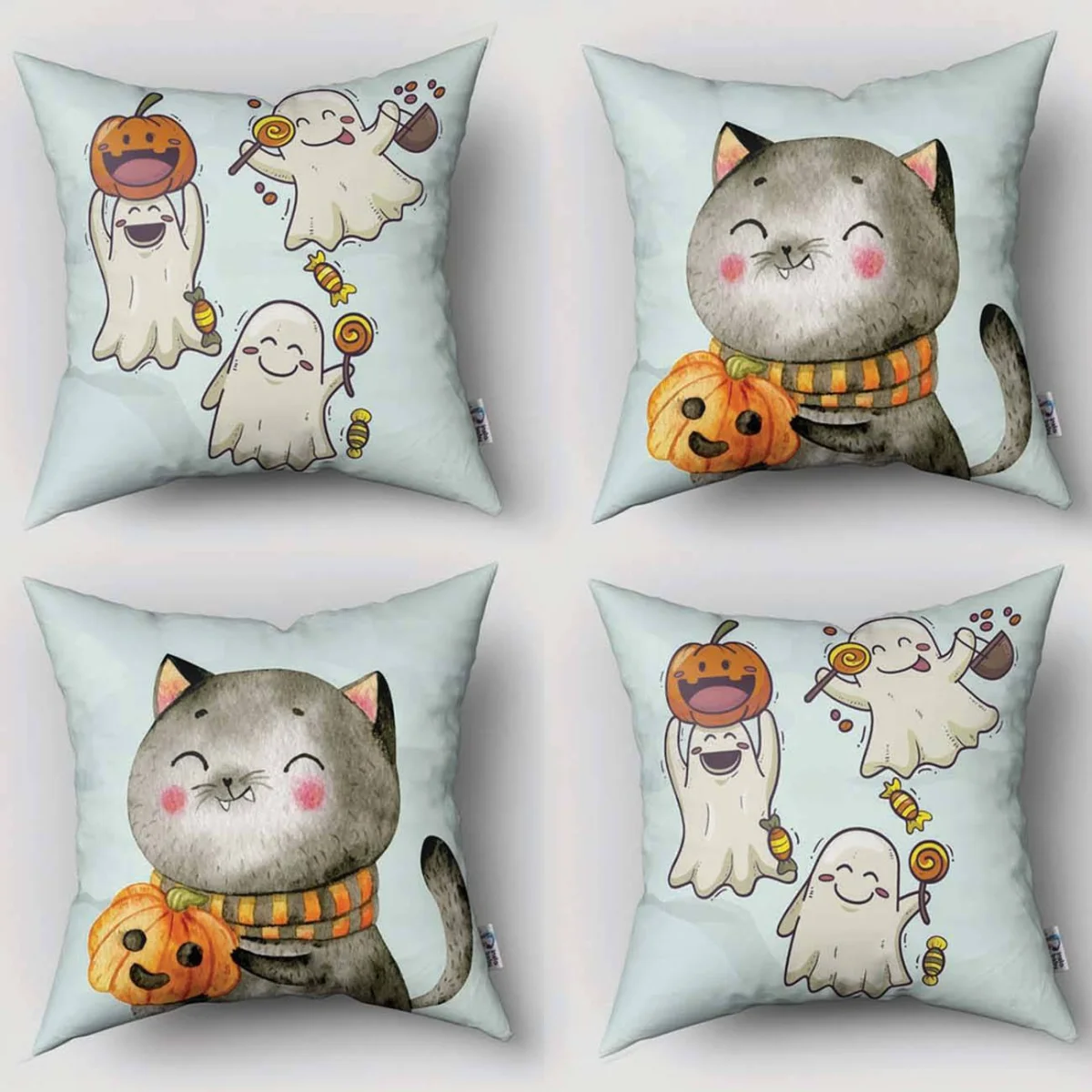 Kedi ve Hayaletler 4lü Kırlent | Açık Mavi Kedi, hayaletler Desenli