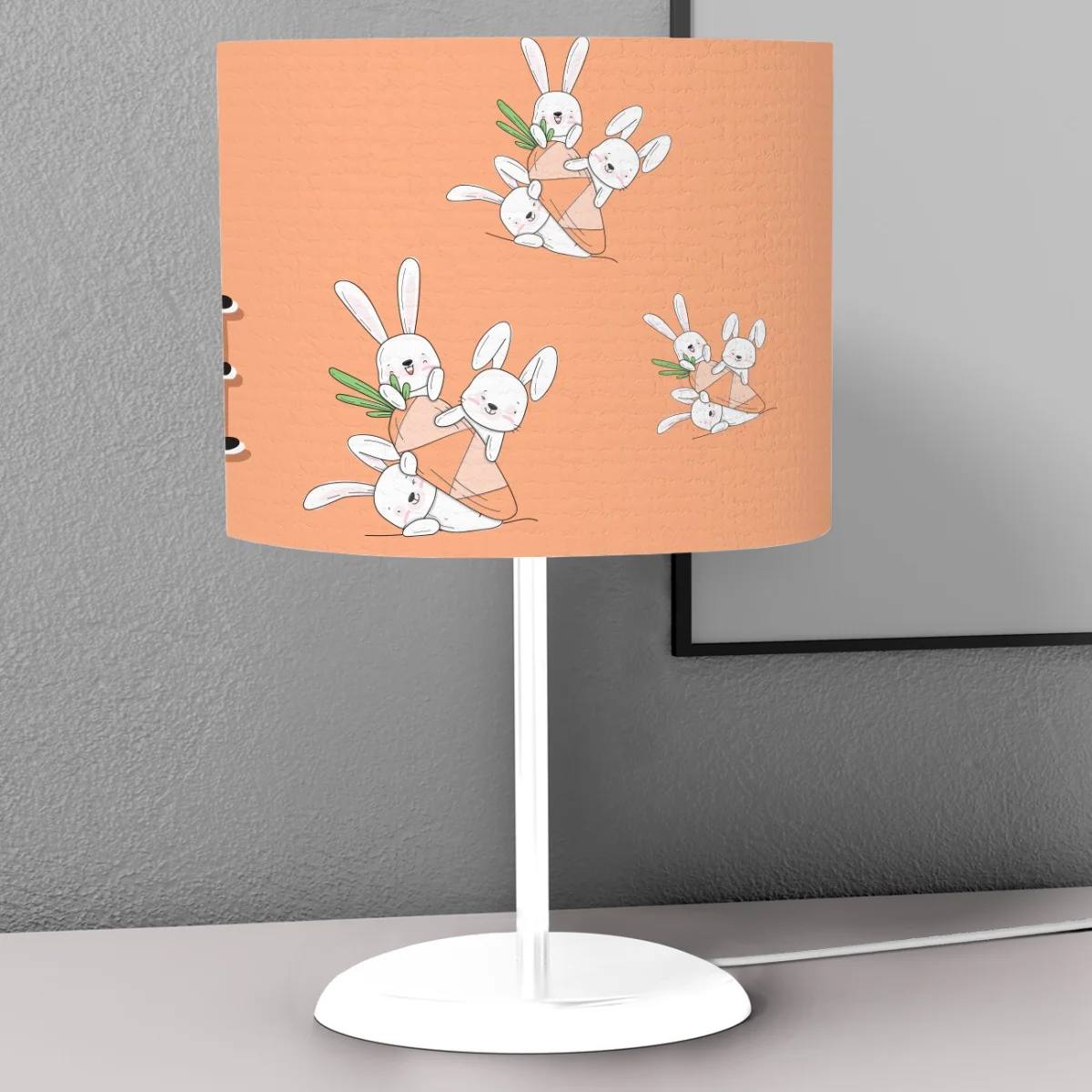 Tavşanlar Abajur | Somon Sevimli beyaz tavşanlar, havuçlar Desenli