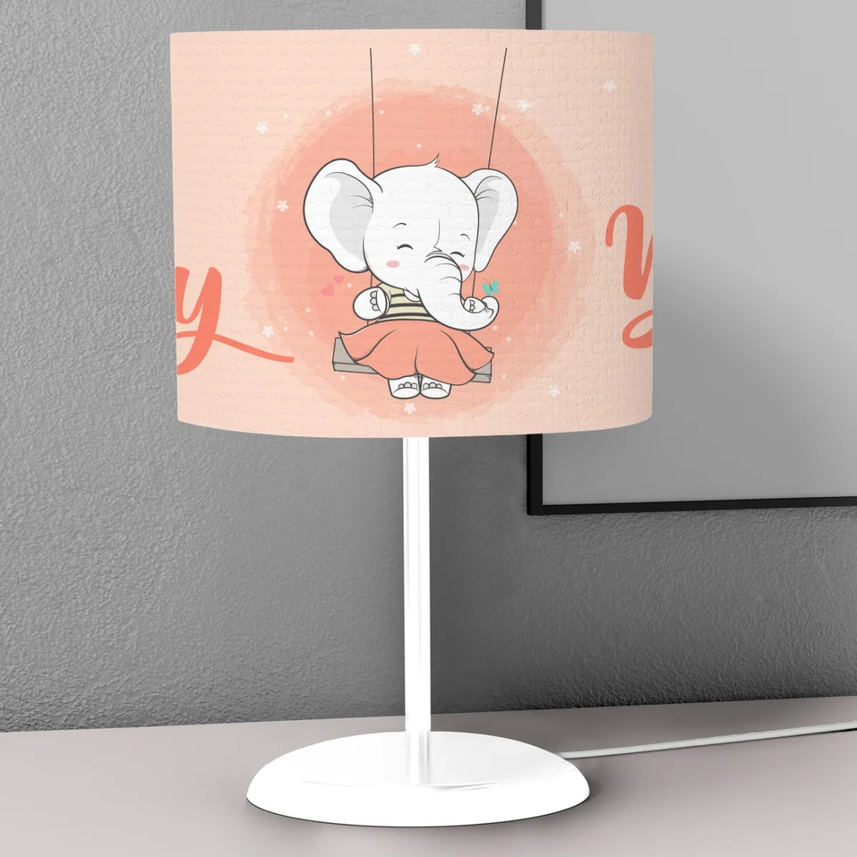 Fil Abajur | Pembe Çiçekler, kalpler Desenli