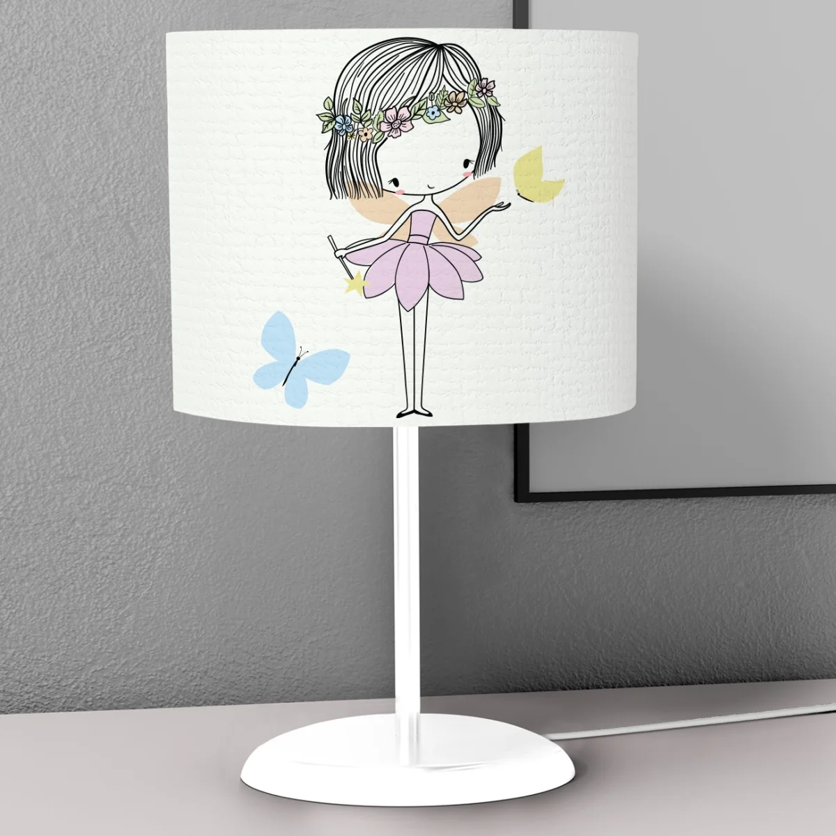 Peri Abajur | Beyaz Kelebekler ve 'little woodland fairy' yazısı Desenli