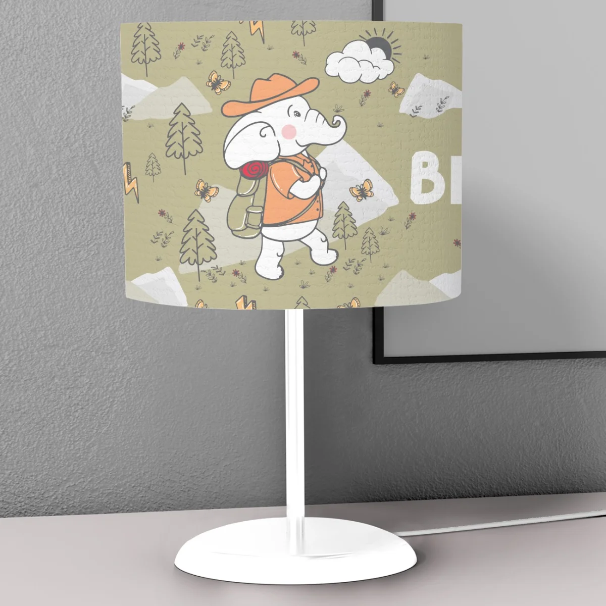 Maceracı Fil Abajur | Haki dağlar, ağaçlar Desenli