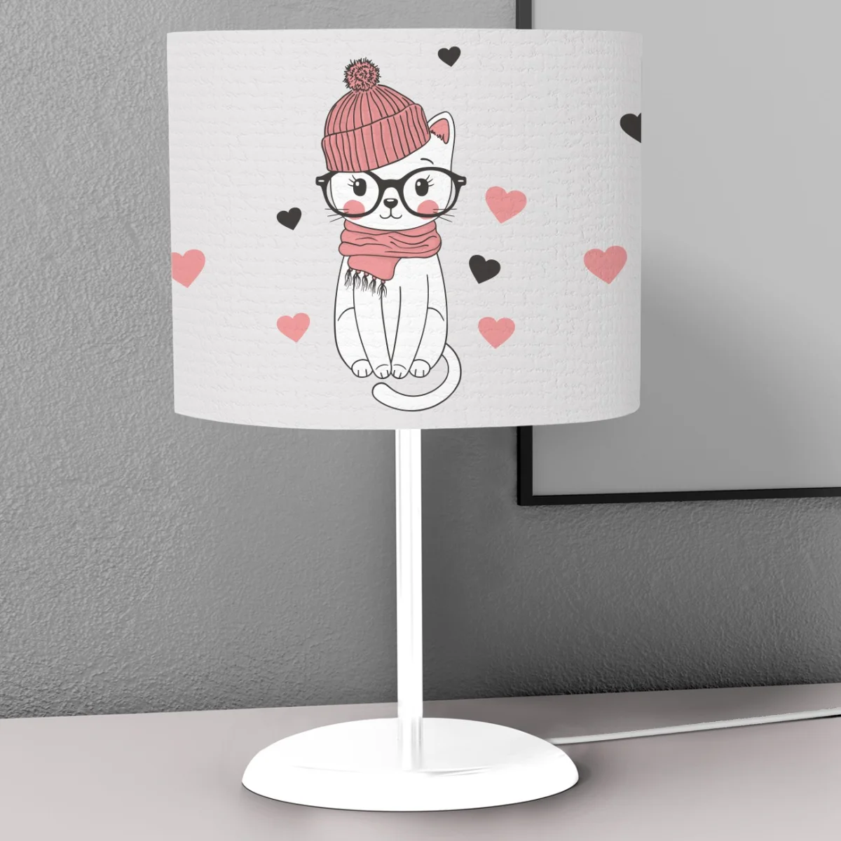 Kedi Abajur | Beyaz Kalpler, Girls Rule yazısı Desenli