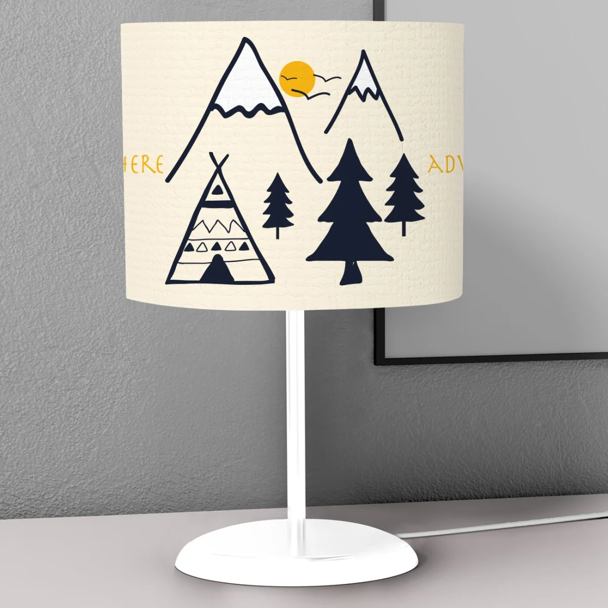 Doğa ve Macera Abajur | Krem Dağlar, güneş Desenli