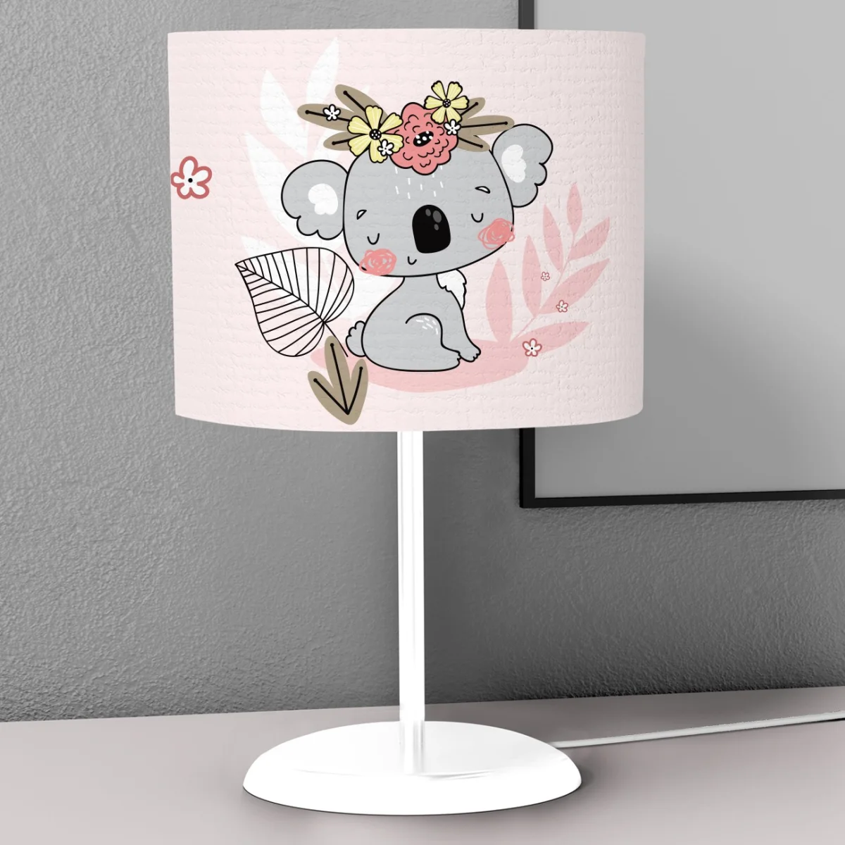 Koala Abajur | Pembe çiçekler, yapraklar Desenli
