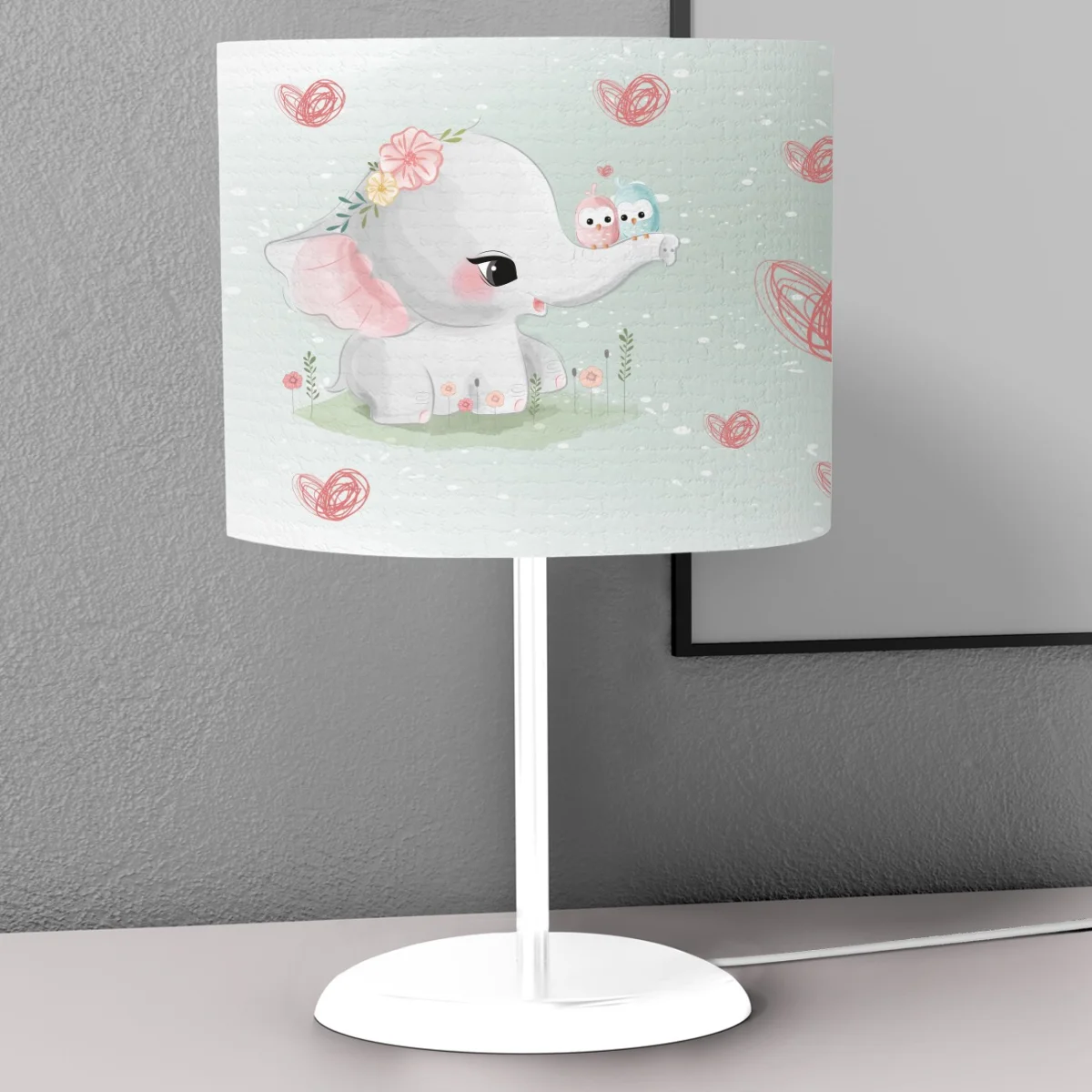 Sevimli Fil Abajur | Açık Yeşil Kalpler, kuşlar Desenli