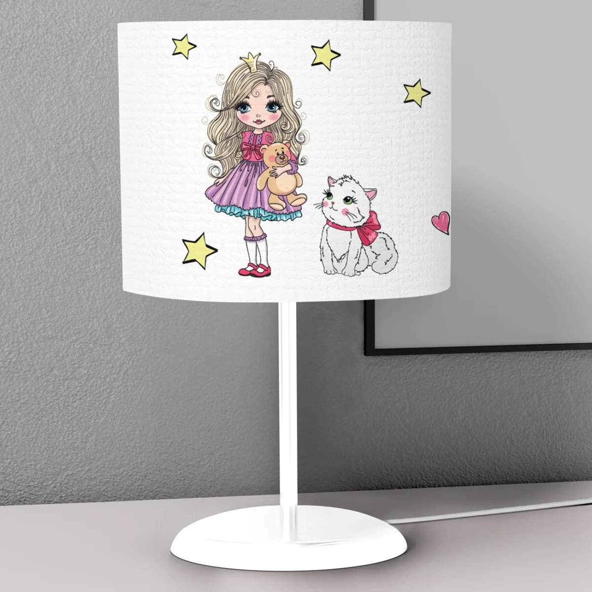 Prenses Abajur | Beyaz yıldızlar, kalpler Desenli