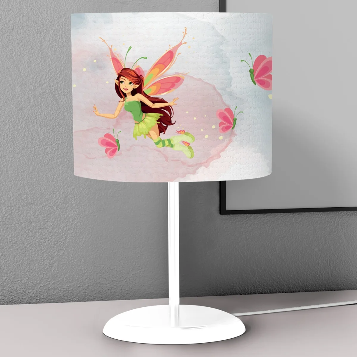 Peri Abajur | Açık Gri Kelebekler, suluboya efektli Desenli