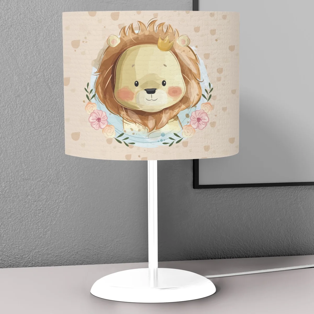 Orman Hayvanları Abajur | Bej kalpler, çiçekler Desenli