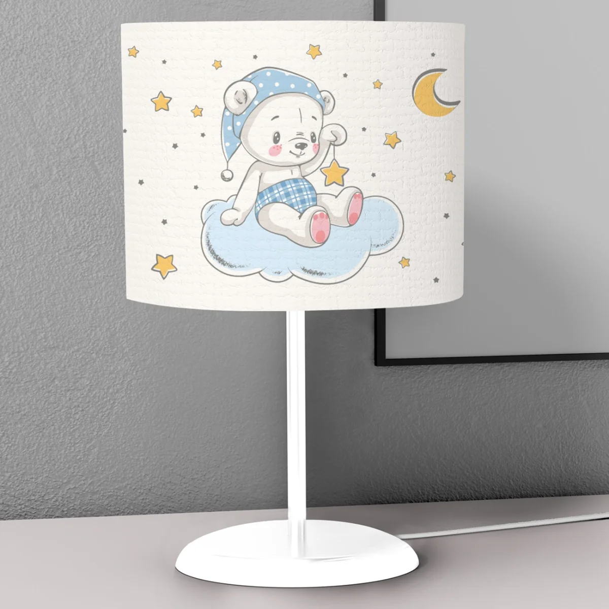 Ayı Abajur | Beyaz yıldızlar, bulut Desenli
