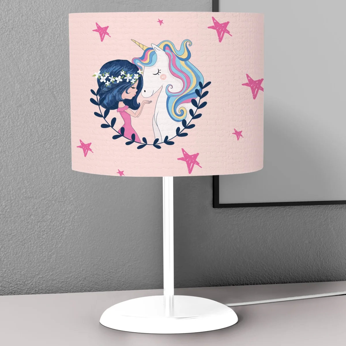 Unicorn Abajur | Pembe yıldız, çiçekler Desenli